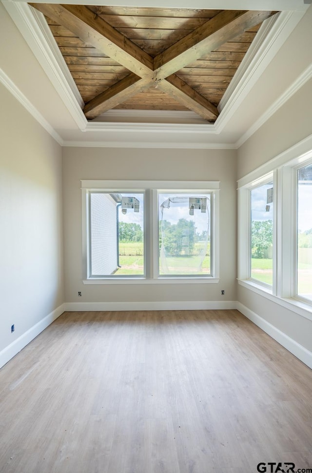 529 Eland Way, Bullard, TX 75757 - spare room featuring a wood ceiling with exposed beams, wood finished floors, and crown molding
