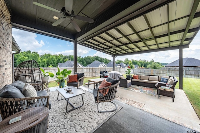 7306 Tule Creek Ln, Tyler, TX 75703 - fenced backyard featuring an outdoor living space, a ceiling fan, a patio, and a residential view