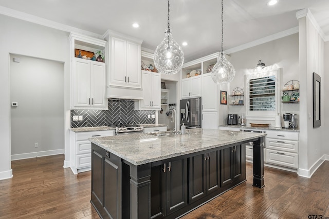 7306 Tule Creek Ln, Tyler, TX 75703 - kitchen featuring open shelves, appliances with stainless steel finishes, beverage cooler, white cabinetry, and backsplash