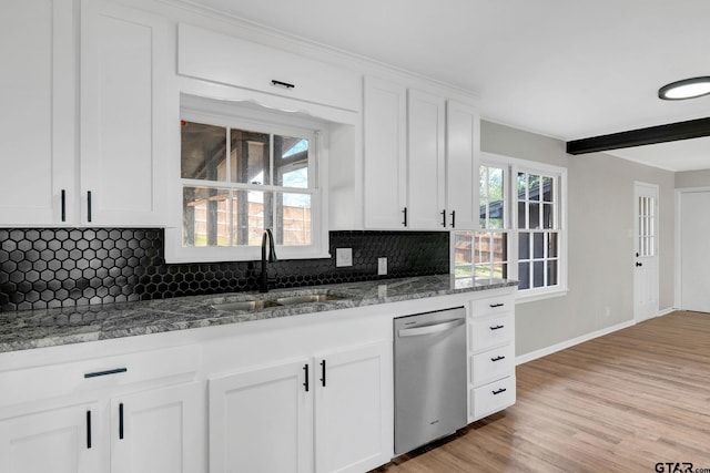 kitchen with white cabinets, dishwasher, dark stone counters, light hardwood / wood-style floors, and sink