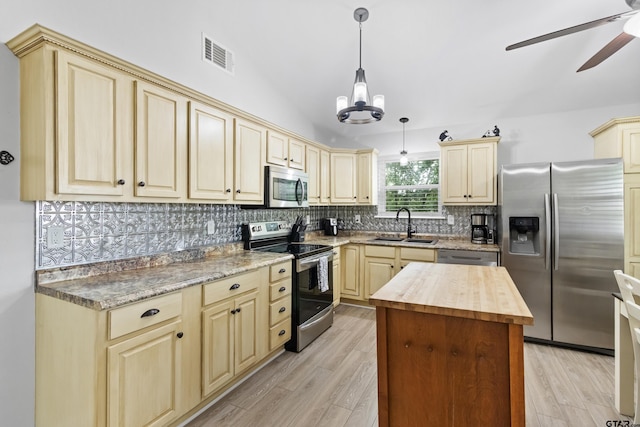 321 Inwood, Bullard, TX 75757 - kitchen with ceiling fan with notable chandelier, a sink, butcher block countertops, appliances with stainless steel finishes, and decorative backsplash