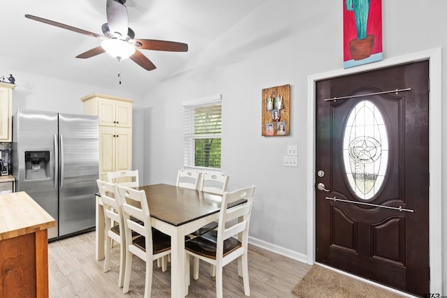 321 Inwood, Bullard, TX 75757 - dining area featuring a ceiling fan, light wood-style floors, baseboards, and lofted ceiling