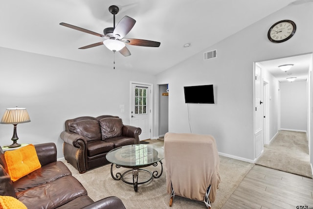 321 Inwood, Bullard, TX 75757 - living room with lofted ceiling, a ceiling fan, baseboards, visible vents, and light wood-style floors