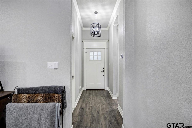 doorway with baseboards, a textured wall, dark wood-type flooring, and crown molding