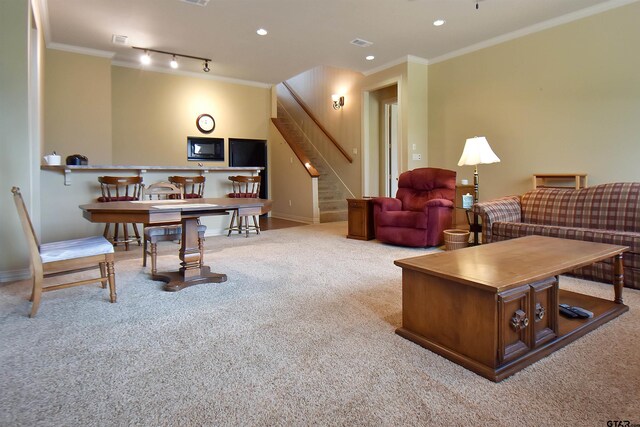1860 Holcomb Cir, Tyler, TX 75703 - carpeted living room featuring visible vents, ornamental molding, recessed lighting, stairway, and baseboards