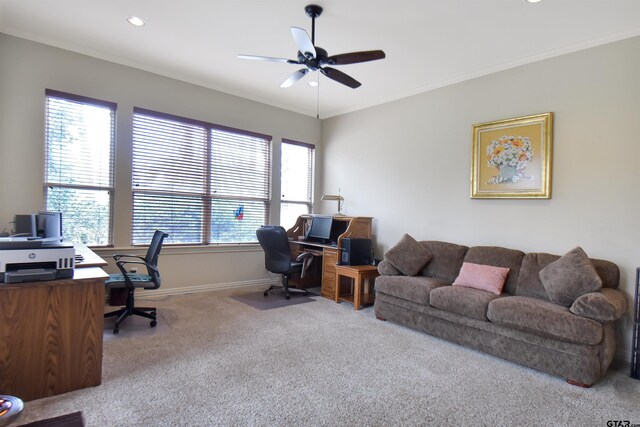 1860 Holcomb Cir, Tyler, TX 75703 - home office featuring baseboards, a ceiling fan, ornamental molding, and carpet flooring