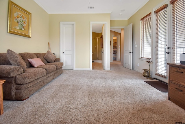 1860 Holcomb Cir, Tyler, TX 75703 - carpeted living area with visible vents, baseboards, and ornamental molding