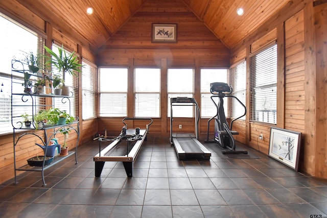 1860 Holcomb Cir, Tyler, TX 75703 - exercise area with recessed lighting, wood walls, wooden ceiling, and vaulted ceiling