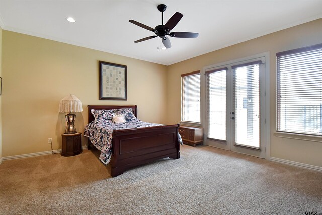 1860 Holcomb Cir, Tyler, TX 75703 - carpeted bedroom with access to exterior, recessed lighting, crown molding, baseboards, and ceiling fan