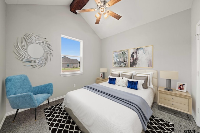 carpeted bedroom featuring baseboards, lofted ceiling with beams, and ceiling fan