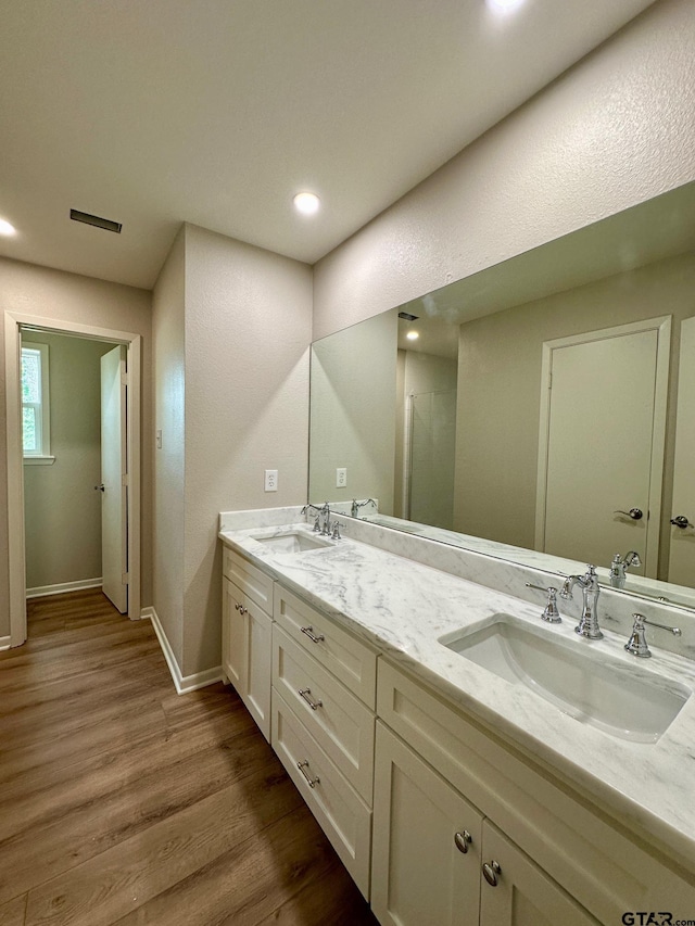 bathroom with double vanity, wood finished floors, baseboards, and a sink