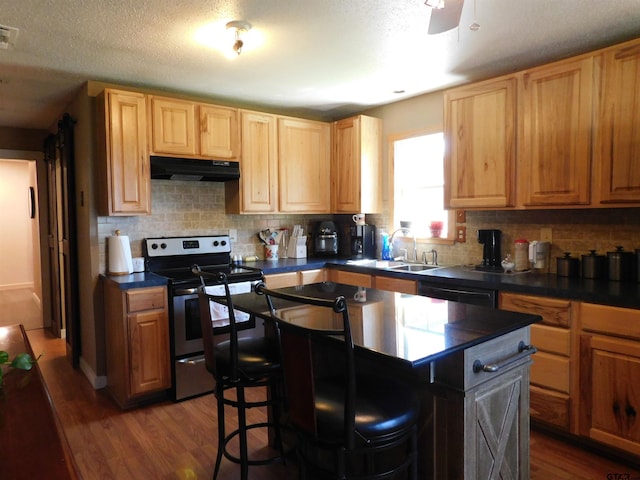 kitchen with a sink, a center island, under cabinet range hood, stainless steel electric stove, and dark wood-style flooring