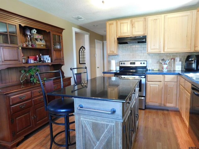 kitchen featuring tasteful backsplash, light wood-type flooring, under cabinet range hood, and stainless steel range with electric cooktop