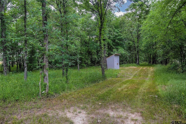 313 County Road 1442, Sulphur Springs, TX 75482 - view of yard featuring a storage shed, an outdoor structure, and a wooded view