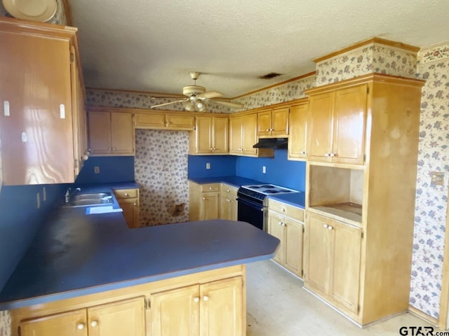 kitchen with a sink, wallpapered walls, and electric range oven