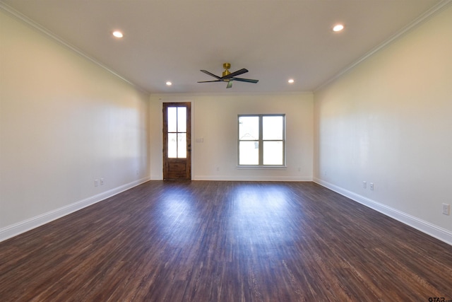 unfurnished room with ceiling fan, crown molding, and dark wood-type flooring