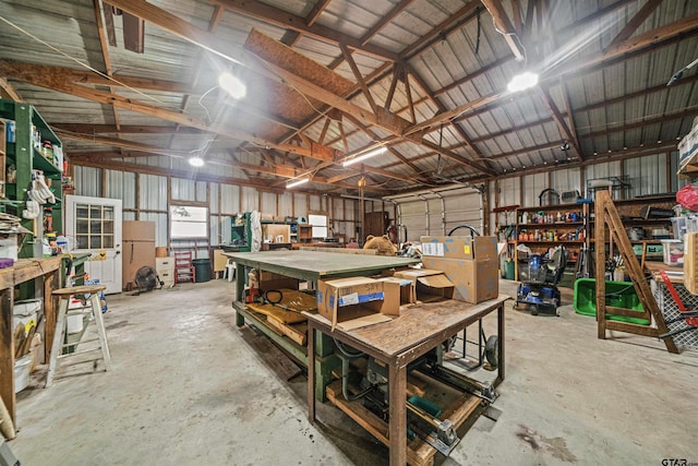 garage with a workshop area