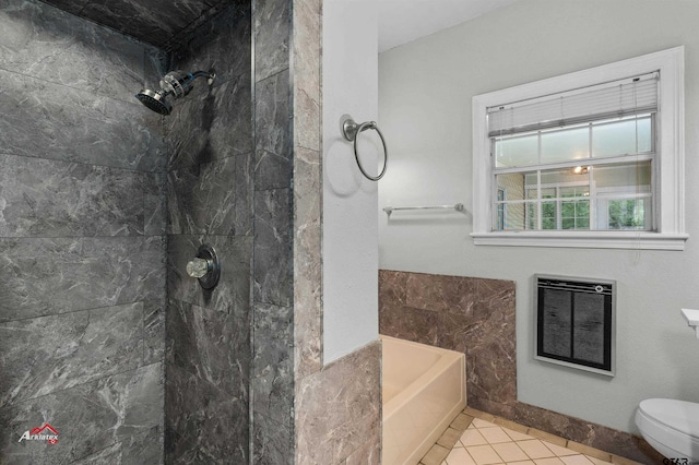 bathroom featuring toilet, tile patterned floors, plus walk in shower, and heating unit