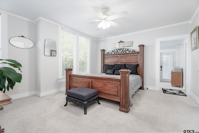 bedroom featuring light carpet, ceiling fan, and ornamental molding