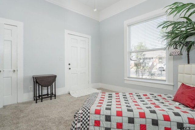 carpeted bedroom featuring multiple windows