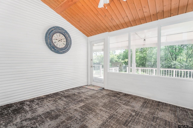 unfurnished sunroom featuring wooden ceiling, lofted ceiling, and ceiling fan