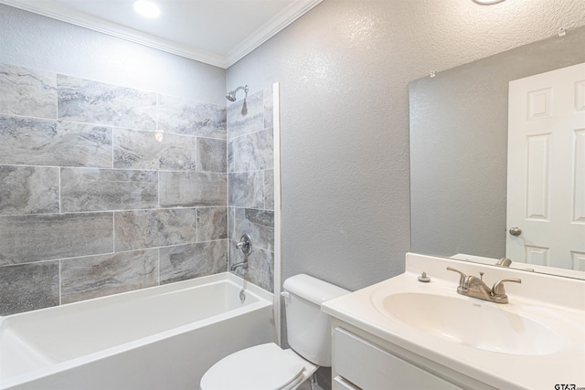 full bathroom with vanity, toilet, tiled shower / bath, and crown molding