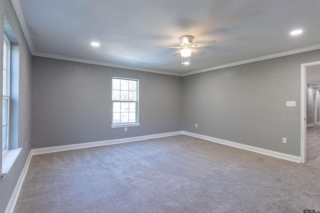 carpeted empty room featuring ceiling fan, a textured ceiling, and ornamental molding