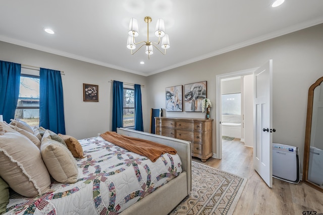 bedroom with multiple windows, crown molding, an inviting chandelier, and light wood-type flooring