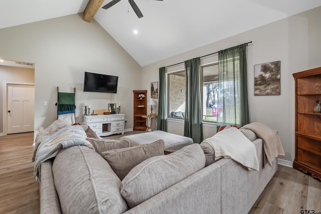 living room featuring ceiling fan, light hardwood / wood-style flooring, high vaulted ceiling, and beamed ceiling