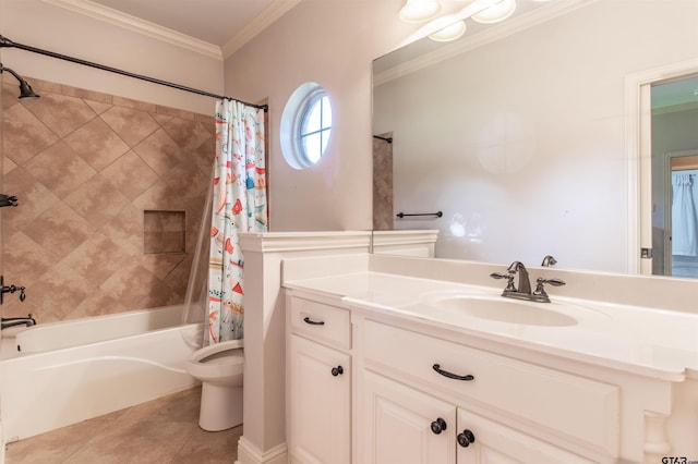 full bathroom featuring shower / tub combo with curtain, vanity, ornamental molding, toilet, and tile patterned floors