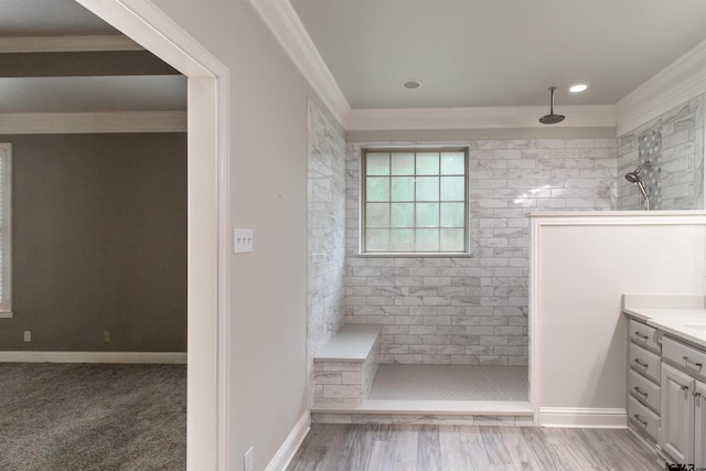 12260 Jazmin Cir, Flint, TX 75762 - bathroom with crown molding, a walk in shower, vanity, and wood finished floors