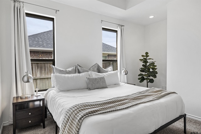 bedroom featuring carpet floors, recessed lighting, and baseboards