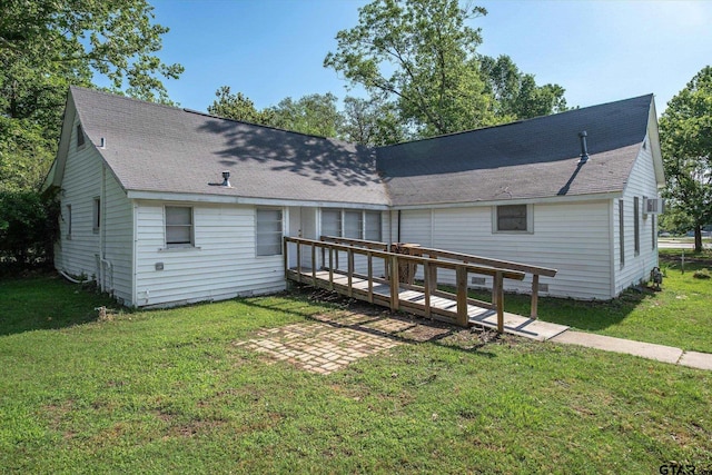 1498 Fm 279, Ben Wheeler, TX 75754 - rear view of house with a wooden deck, a lawn, and roof with shingles