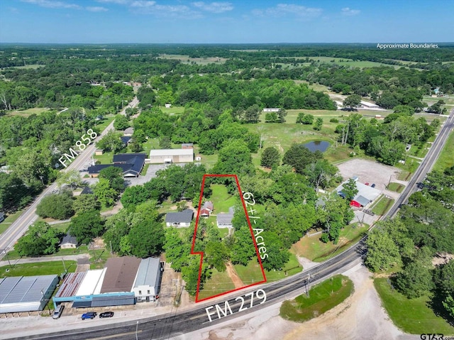 1498 Fm 279, Ben Wheeler, TX 75754 - aerial view of property and surrounding area with property parcel outlined and a heavily wooded area