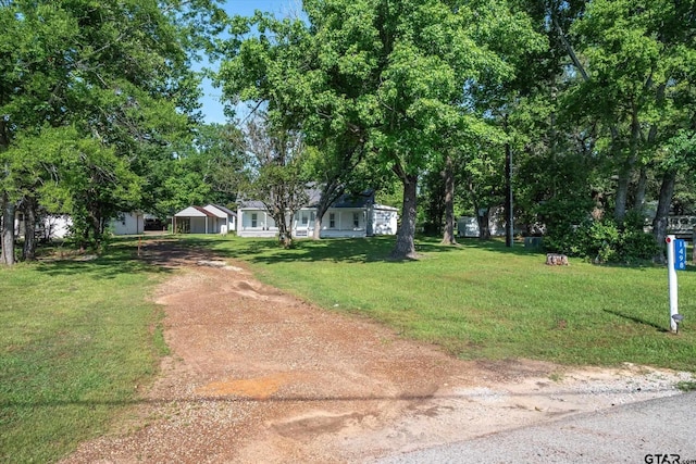 1498 Fm 279, Ben Wheeler, TX 75754 - view of front of property with dirt driveway, a front yard, and view of wooded area