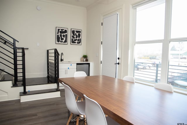 dining room featuring crown molding, sink, and dark hardwood / wood-style flooring