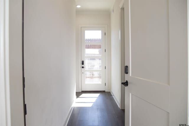 entryway featuring ornamental molding and dark hardwood / wood-style flooring