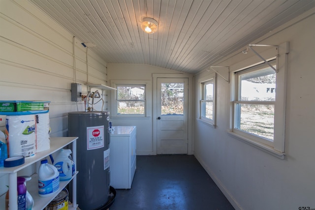 laundry area with laundry area, washer / dryer, baseboards, wood ceiling, and water heater