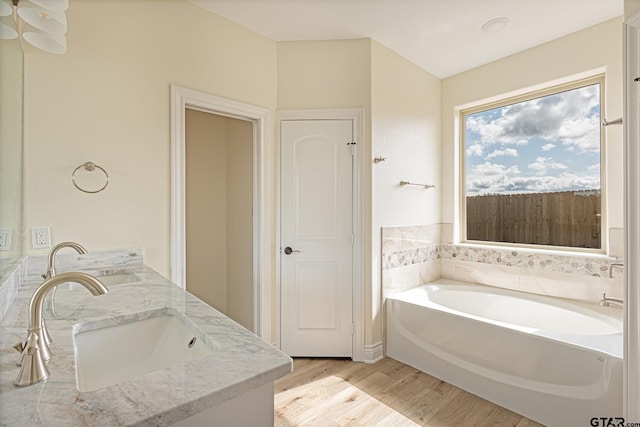 bathroom featuring a tub to relax in, vanity, and wood-type flooring