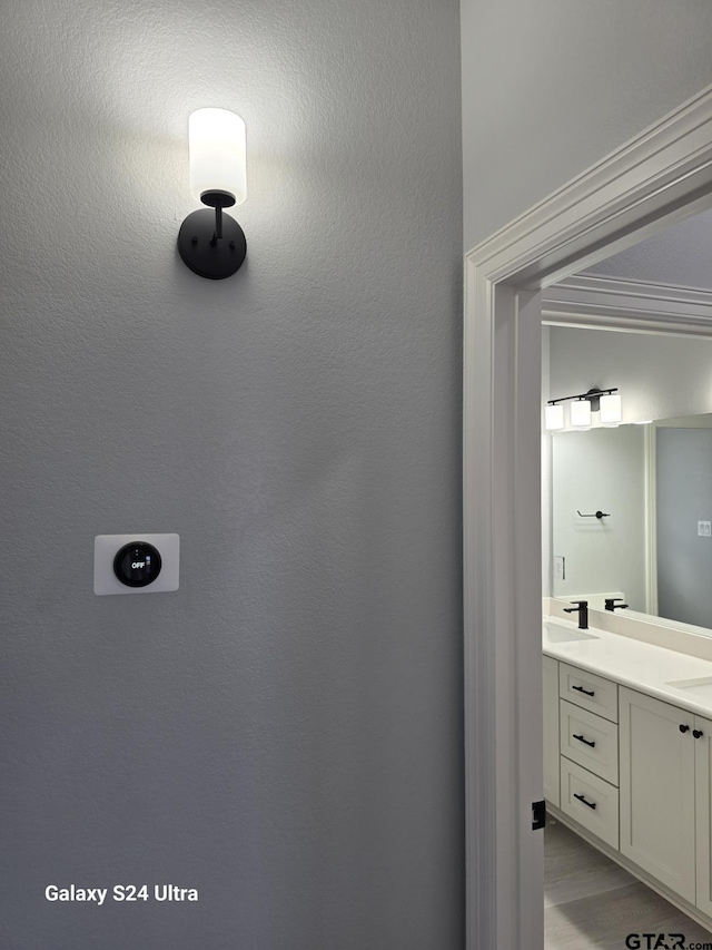 bathroom featuring hardwood / wood-style flooring and vanity