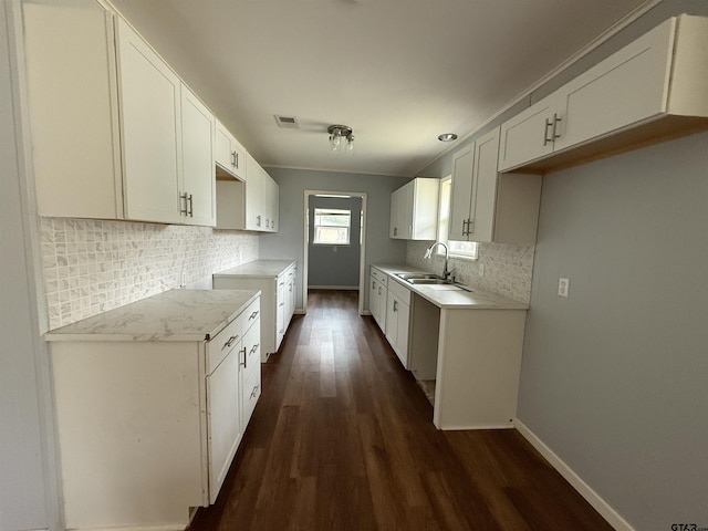 kitchen featuring baseboards, decorative backsplash, visible vents, dark wood-type flooring, and a sink