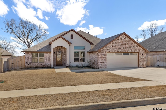 view of front of home featuring brick siding, driveway, an attached garage, and fence