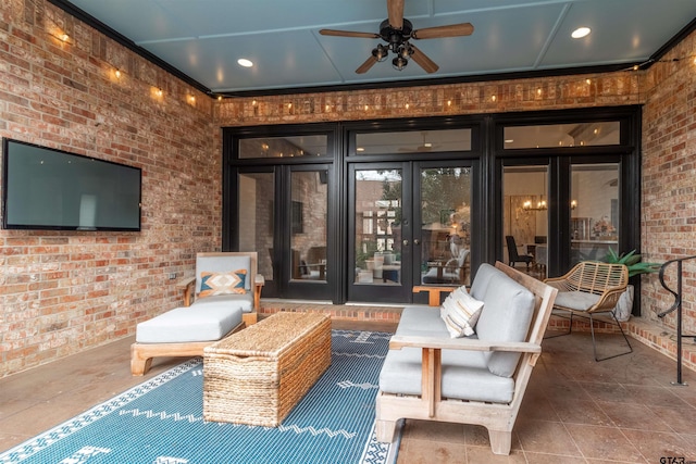 view of patio with ceiling fan and french doors