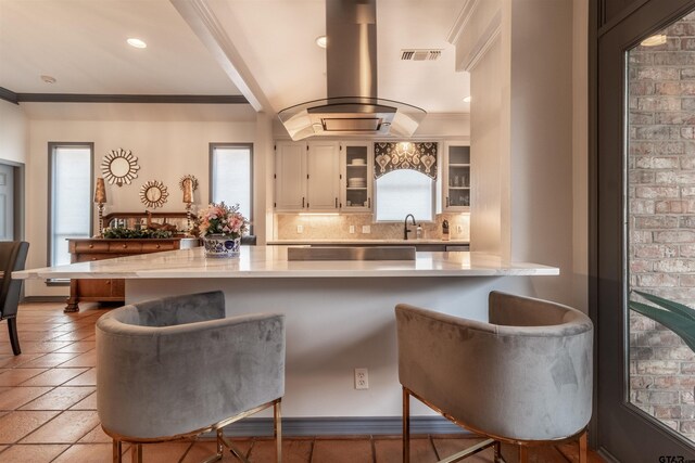 kitchen with sink, white cabinetry, a kitchen breakfast bar, island exhaust hood, and decorative backsplash