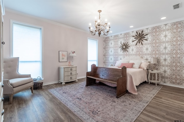 bedroom featuring multiple windows, crown molding, and dark wood-type flooring