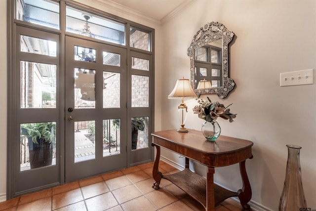 doorway to outside featuring ornamental molding and light tile patterned flooring