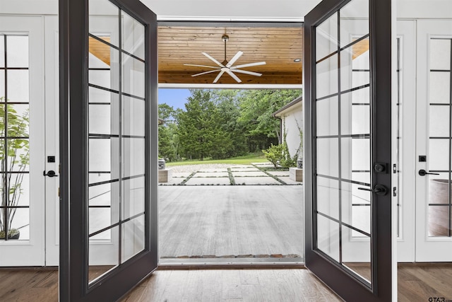4645 Cascades Blvd, Tyler, TX 75709 - doorway to outside featuring french doors, ceiling fan, wood ceiling, and wood finished floors