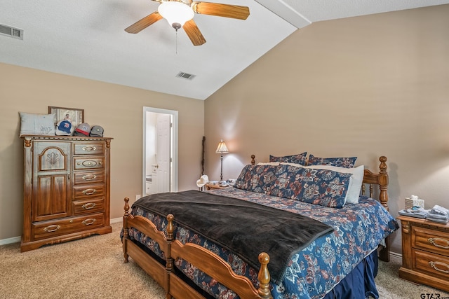 13094 Fm 2010, Chandler, TX 75758 - bedroom featuring light colored carpet, lofted ceiling, baseboards, ensuite bathroom, and ceiling fan