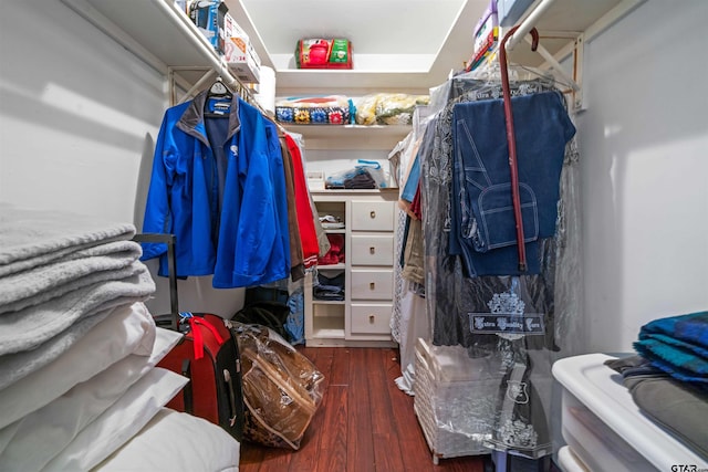 walk in closet with dark hardwood / wood-style flooring