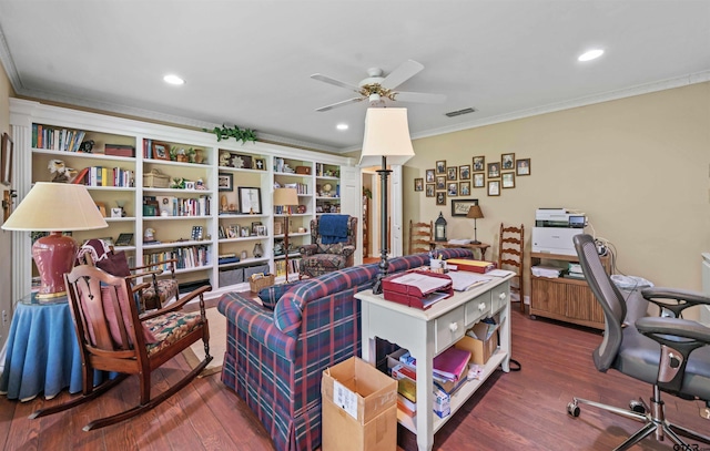 home office featuring hardwood / wood-style floors, ceiling fan, and ornamental molding